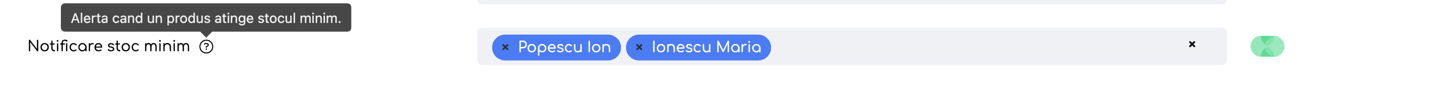Rândul Notificare stoc minim cu tooltip-ul iconiței de ajutor