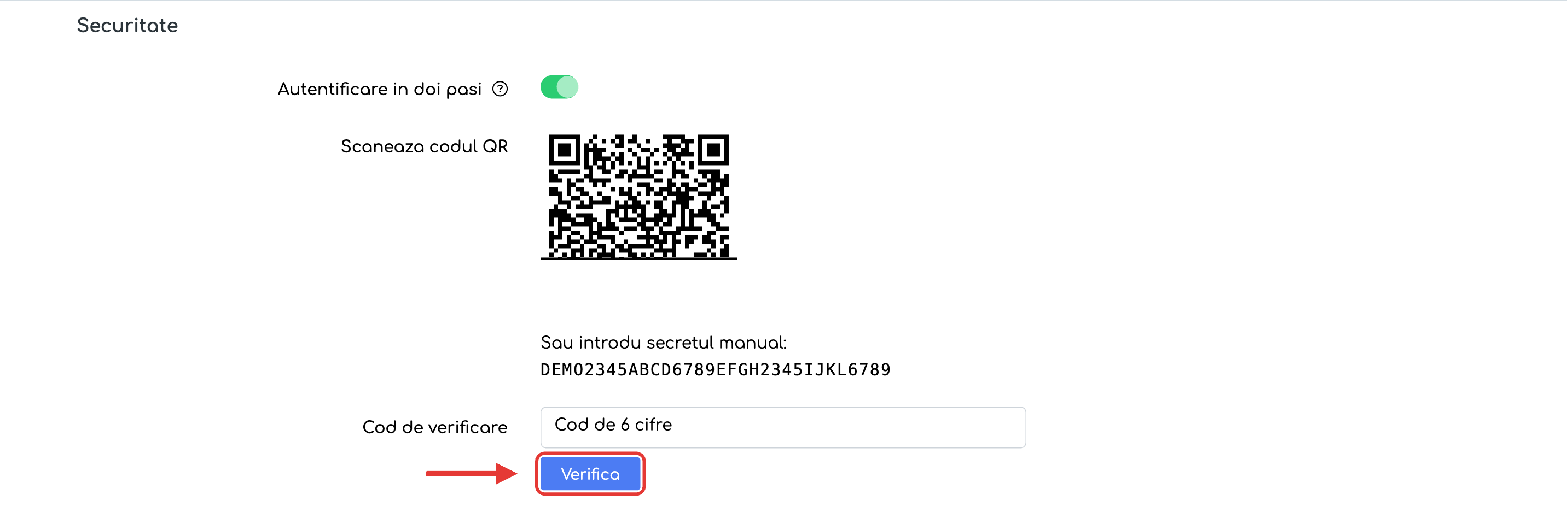 Pasul Scanează codul QR, cu secretul în format text
