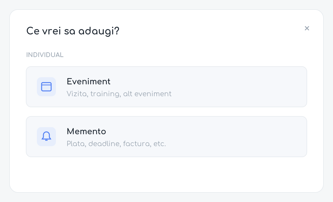 Fereastra de alegere a tipului: Eveniment sau Memento