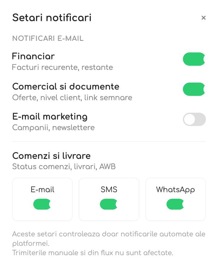 Fereastra Setări notificări cu comutatoarele pe categorii și canale