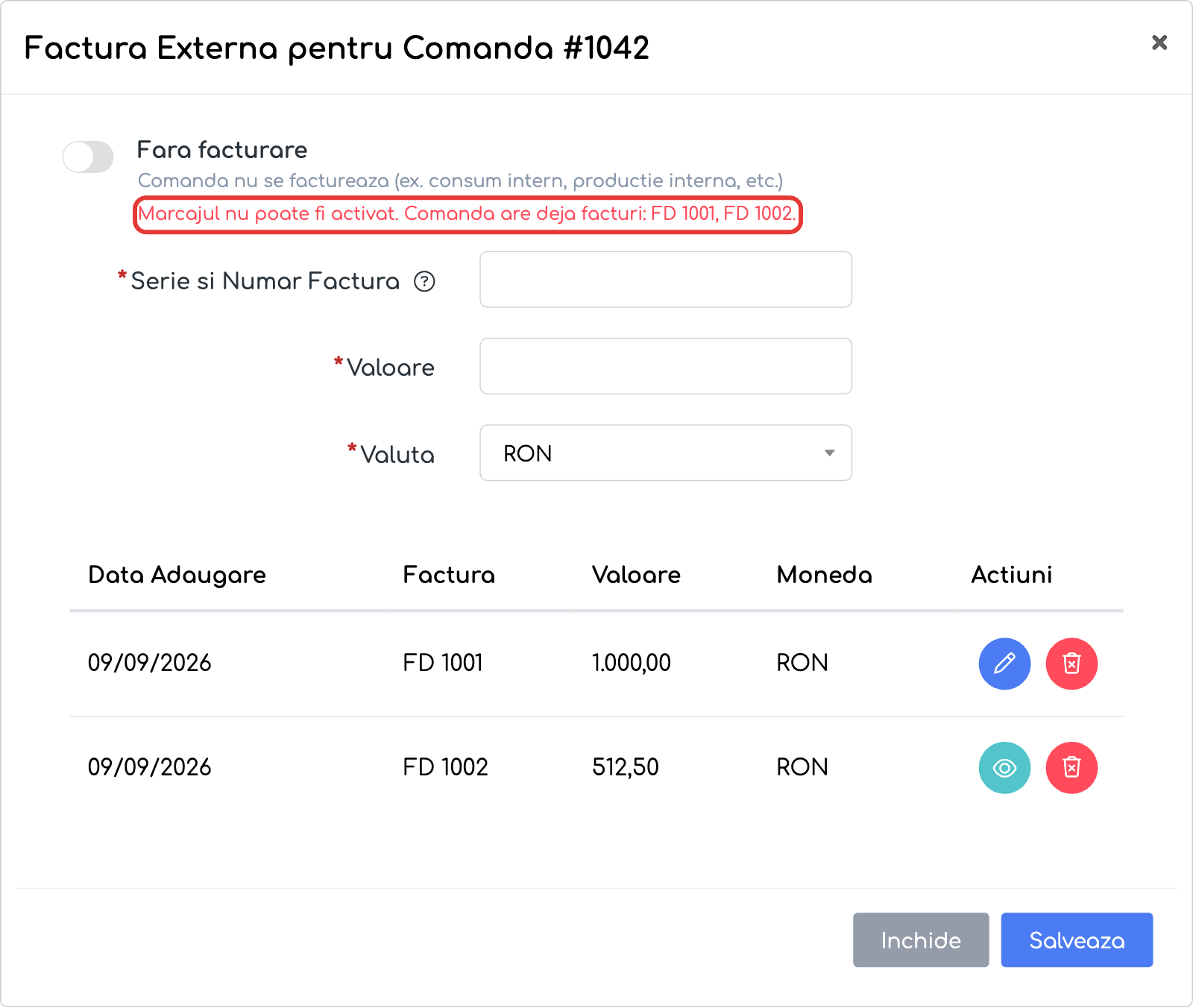 fereastra pentru o comandă care are deja o factură