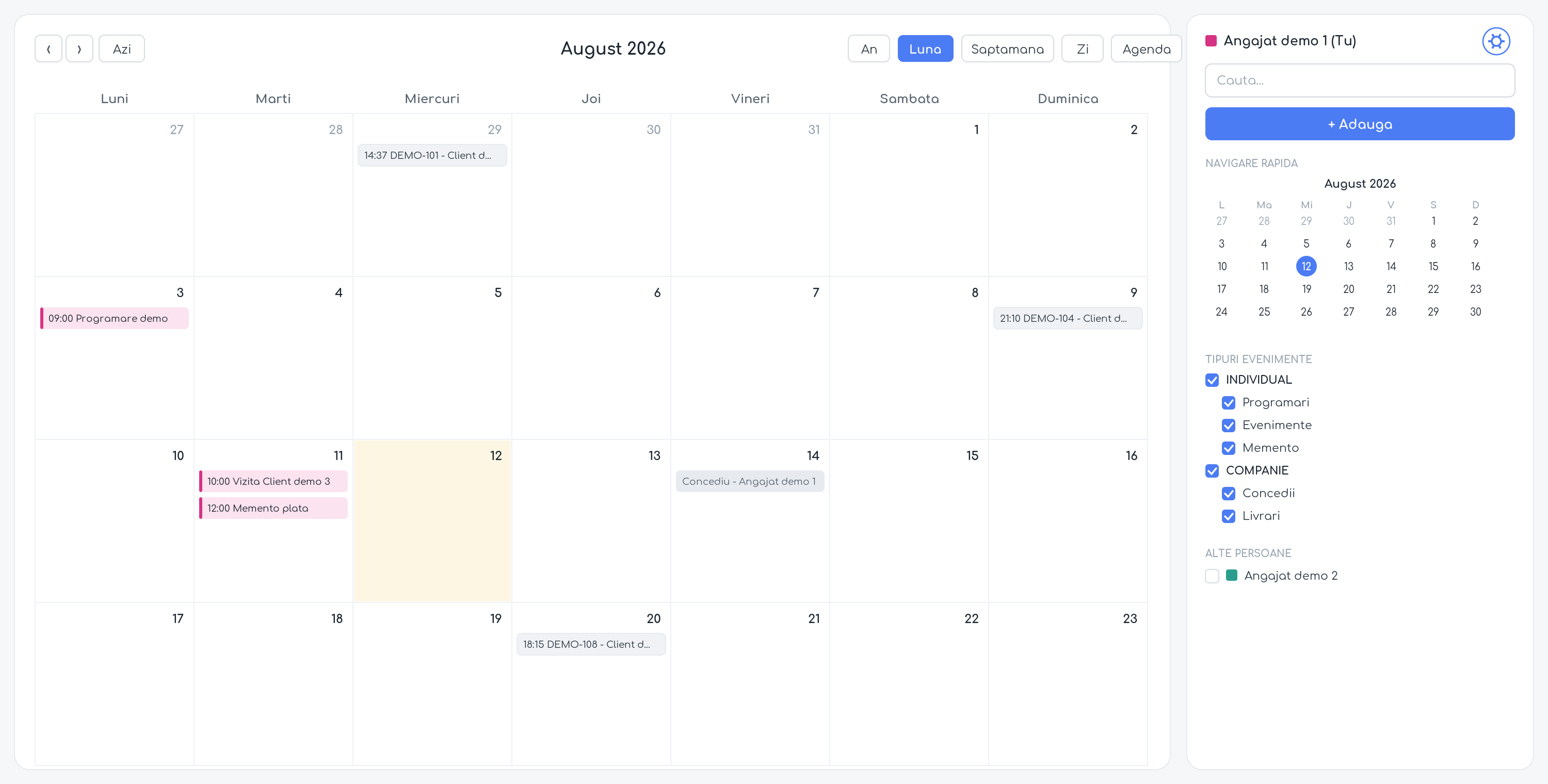Calendarul în vizualizarea Lună, cu bara laterală