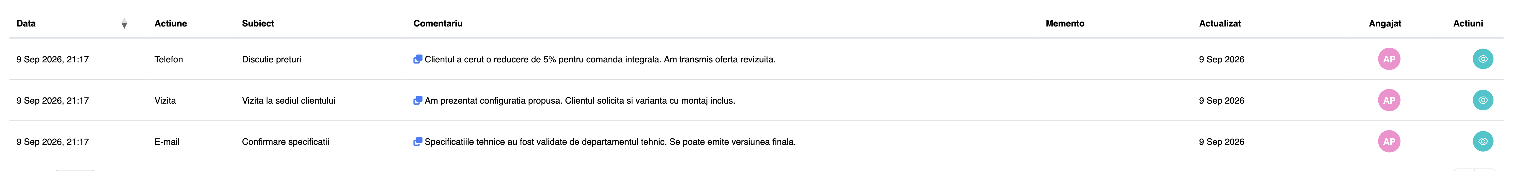 Fila Comentarii cu comentariile preluate, marcate cu iconița de clonare