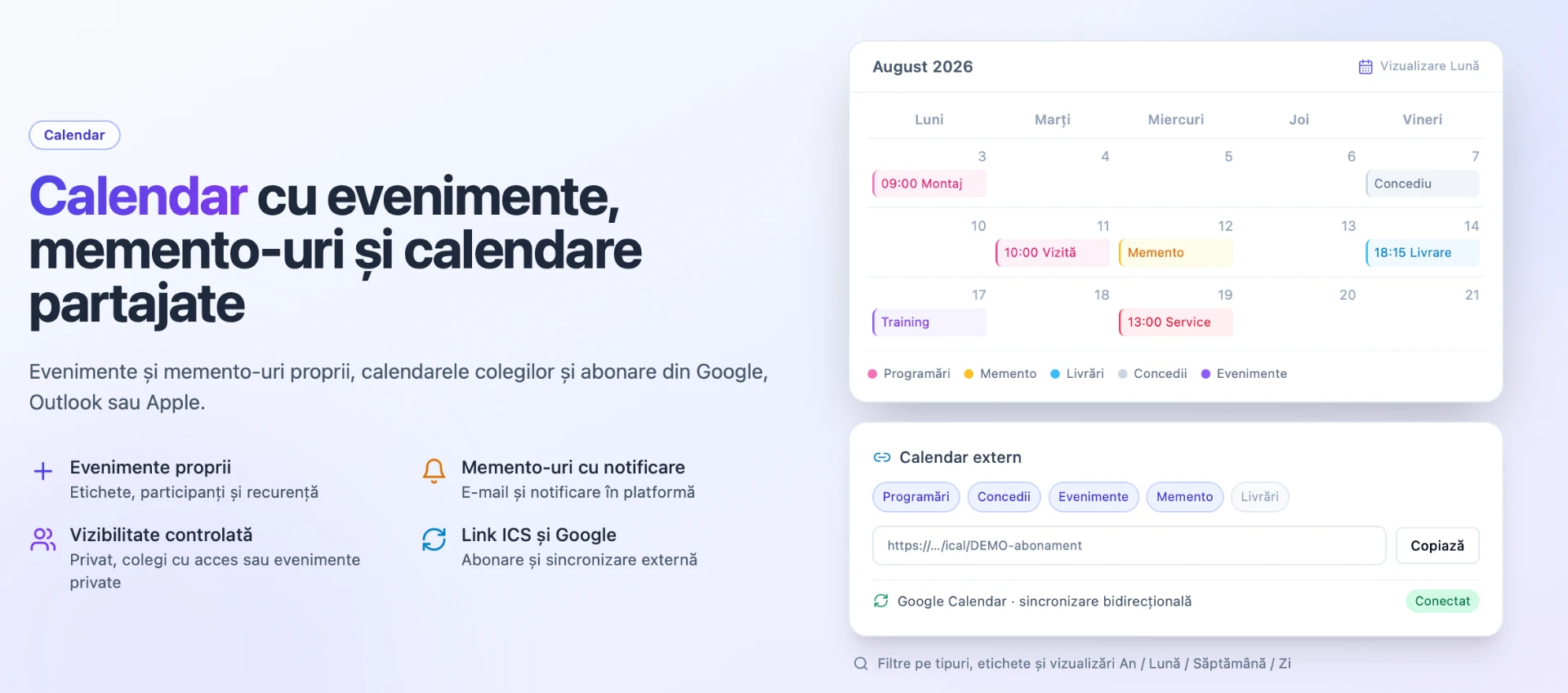 Calendar cu evenimente, memento-uri și calendare partajate