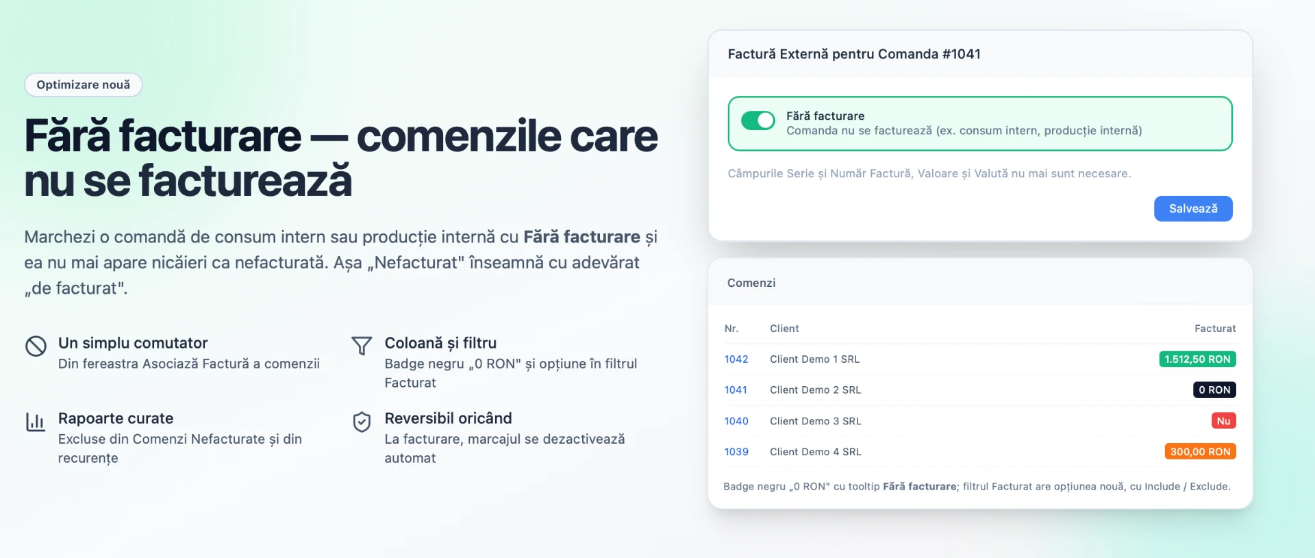 Fără facturare — comenzile care nu se facturează