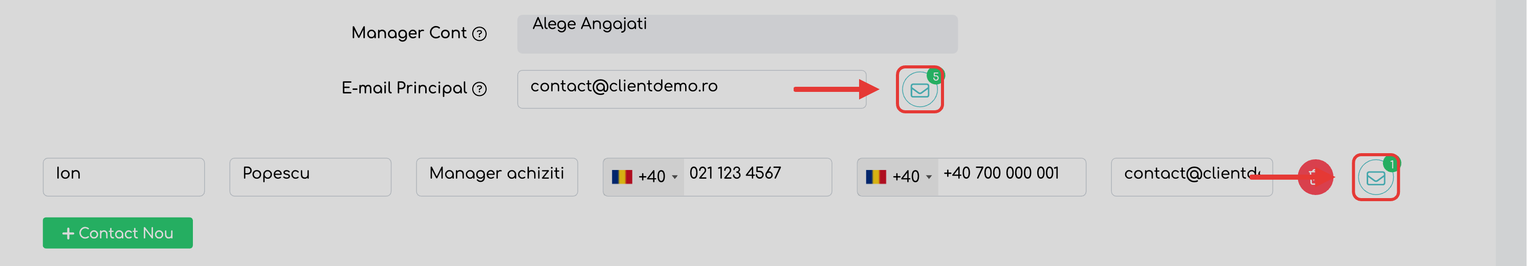 Butonul cu plic și contorul de lângă E-mail Principal