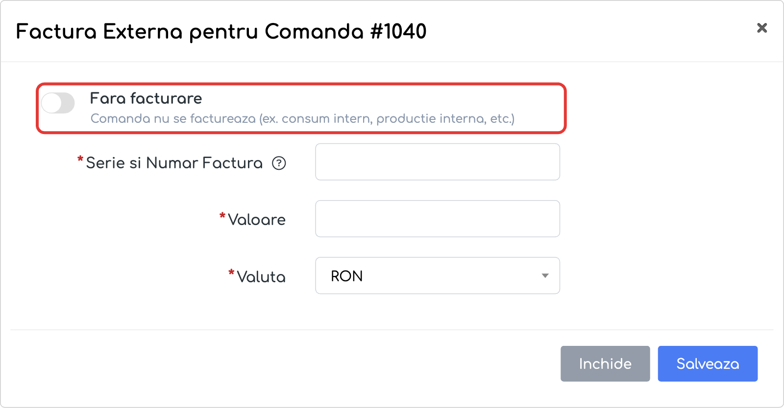 fereastra Factură Externă pentru Comanda #1042 imediat după deschidere