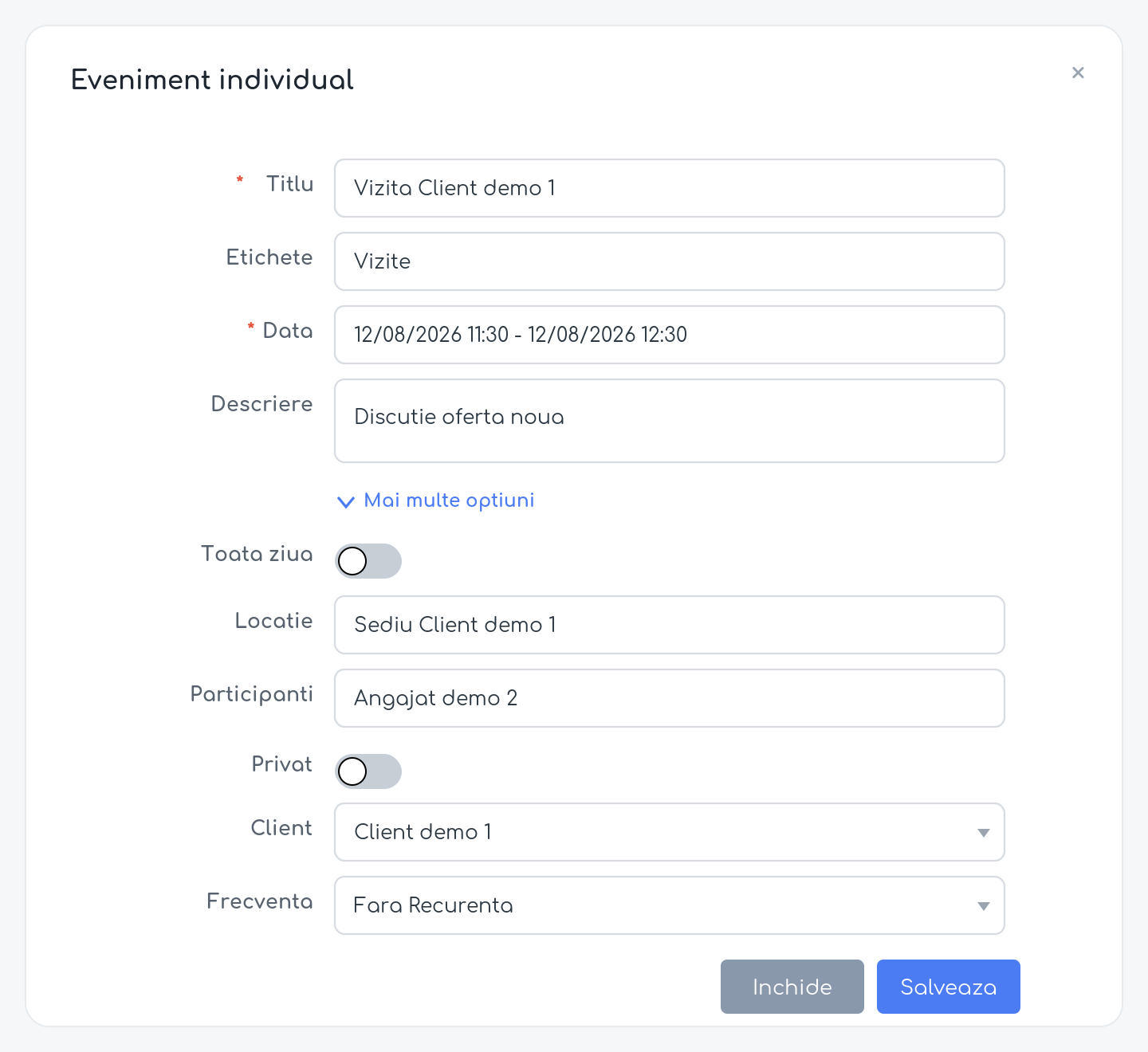 Formularul de eveniment individual, cu opțiunile suplimentare afișate