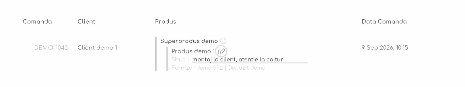Rândul de produs din Flux de Lucru cu iconița creion și descrierea evidențiată