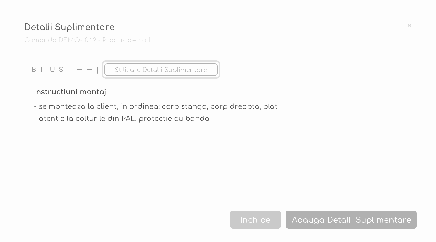 Pop-up-ul de editare Detalii Suplimentare