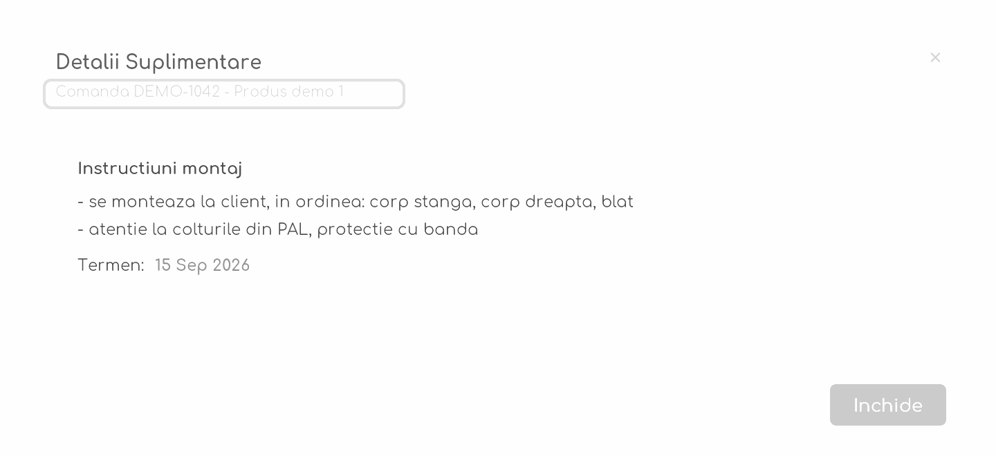 Pop-up-ul de vizualizare Detalii Suplimentare deschis din flux
