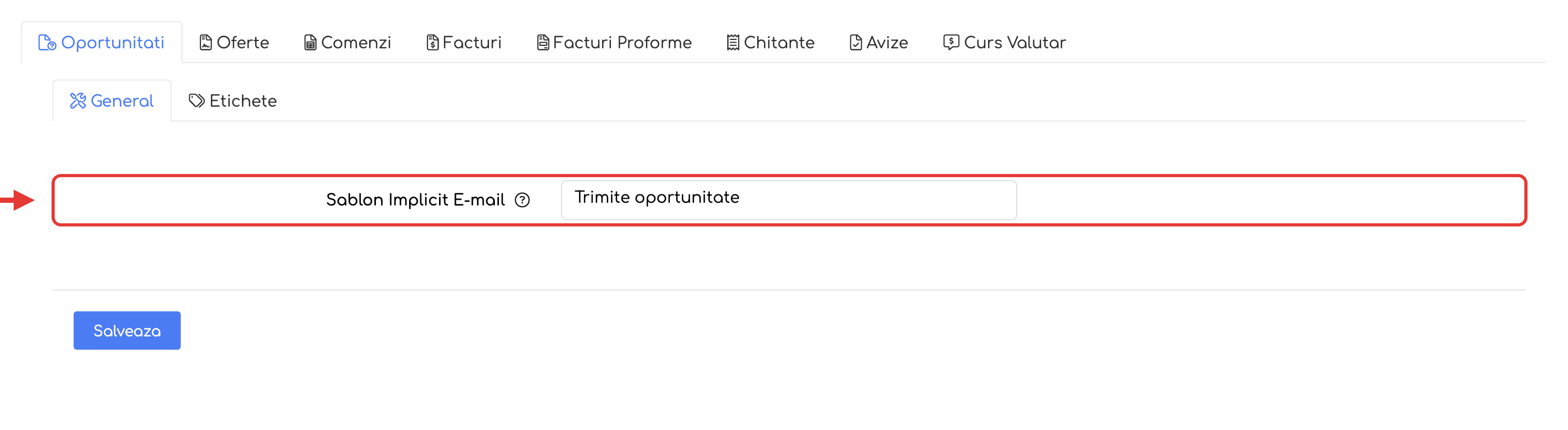 Setări → Vânzări → Oportunități → General, câmpul Șablon Implicit E-mail