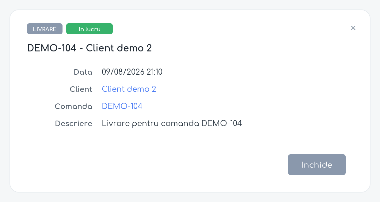 Fereastra de detalii a unei livrări, cu linkuri către comandă și client
