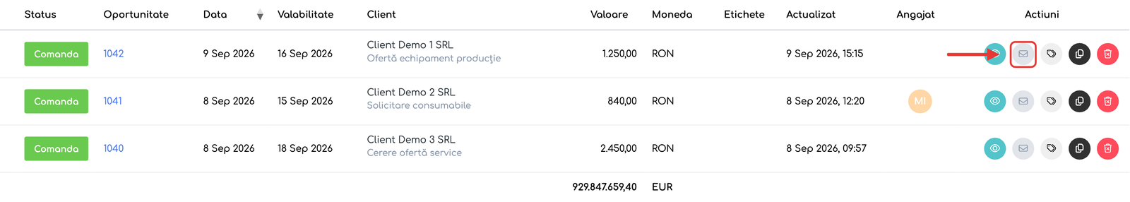 Lista de oportunități cu butonul Trimite E-mail evidențiat în coloana Acțiuni