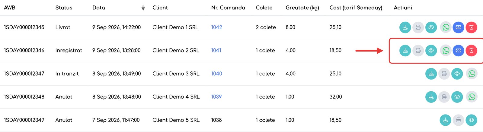 Lista AWB-urilor Sameday