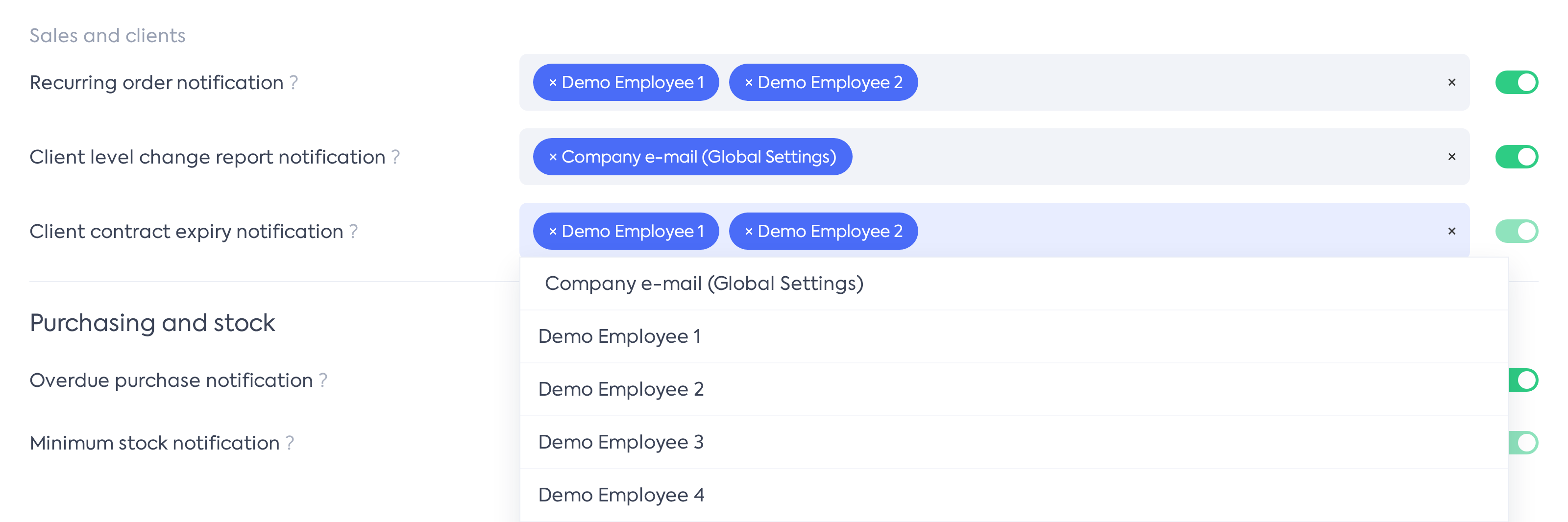 The Recipients field with the drop-down list of options