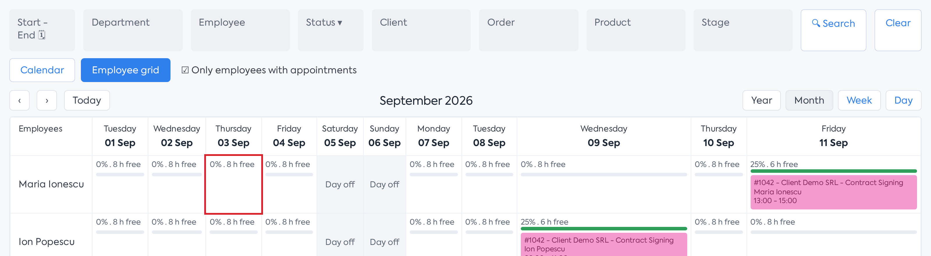 The Employee grid in Appointments, with the cell that opens the window