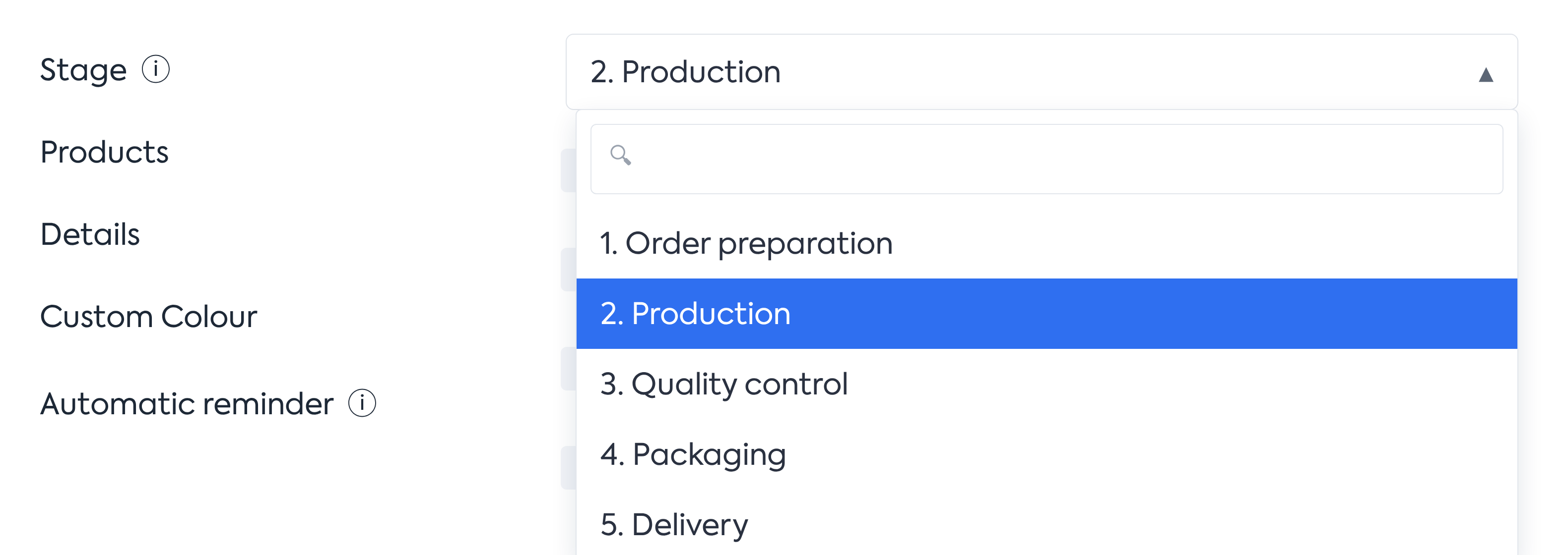 The Add Appointment window with the Stage list open after choosing the order