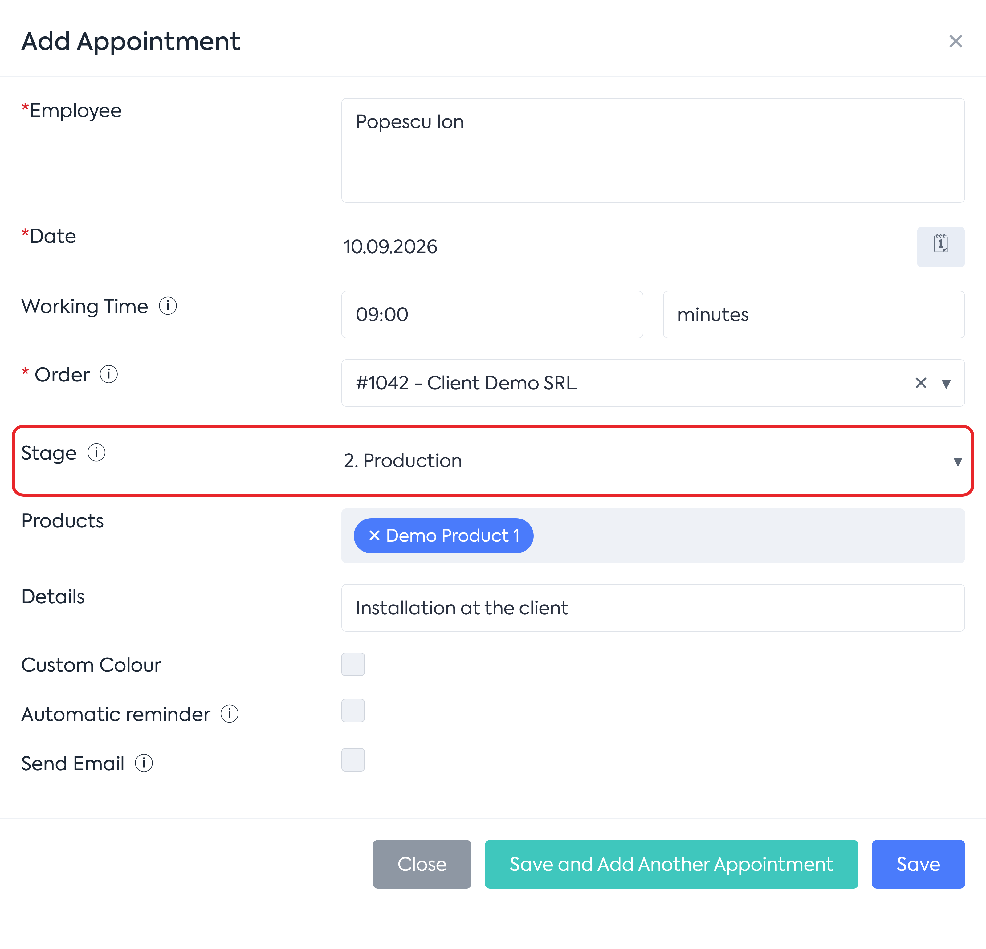The Add Appointment window with the chosen stage and the clear button visible