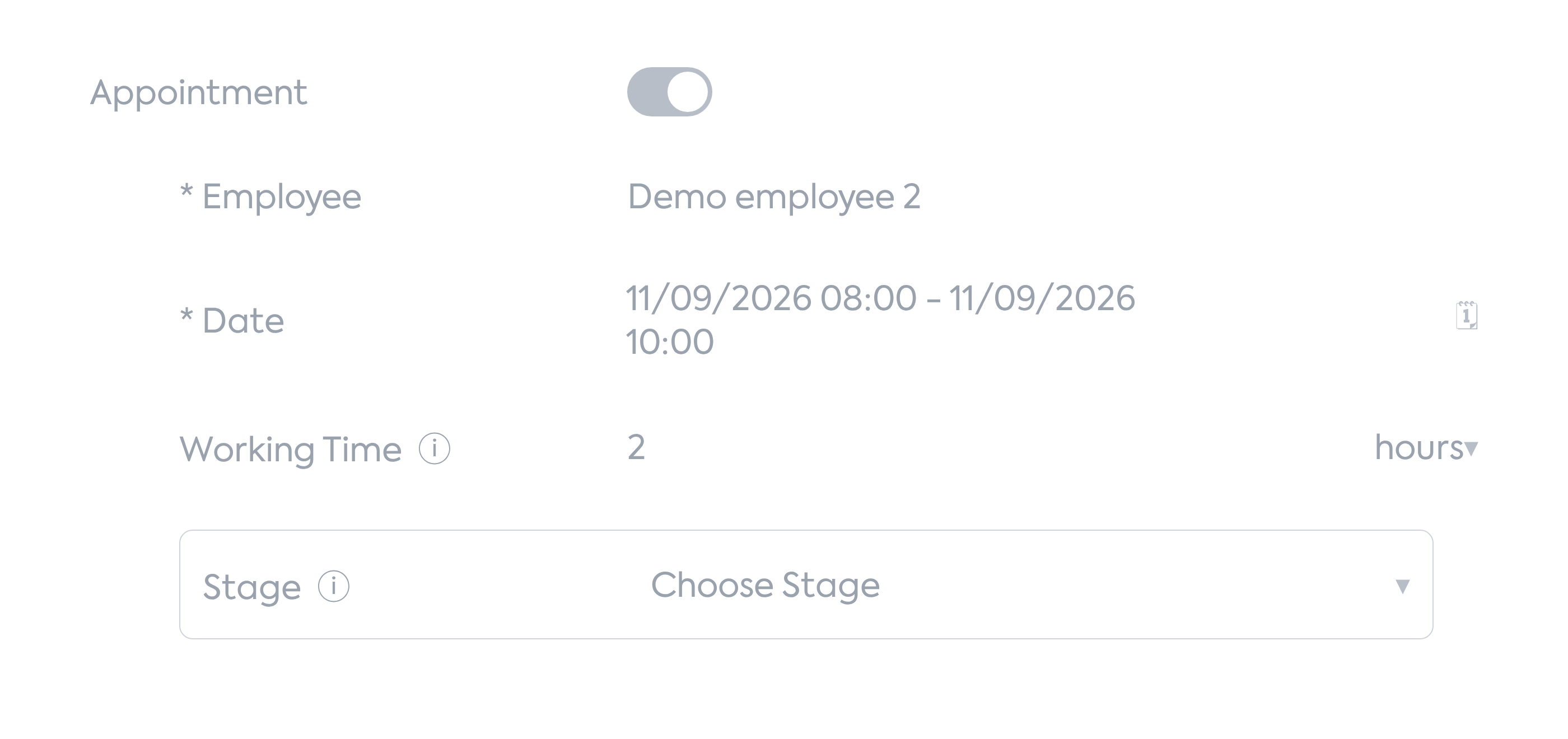 The stage action pop-up with the Appointment component and the Stage field
