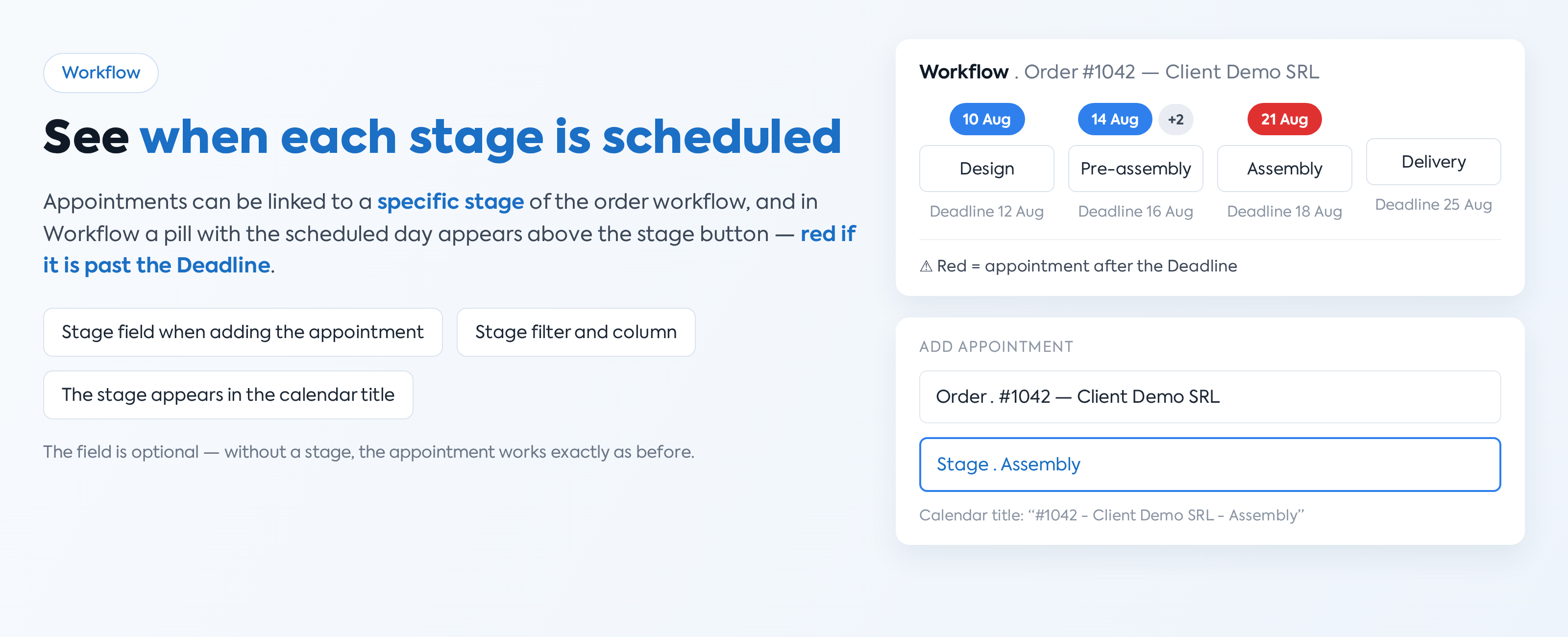 Appointment linked to a workflow stage: link appointments to stages, visibility rules and cross-module impact