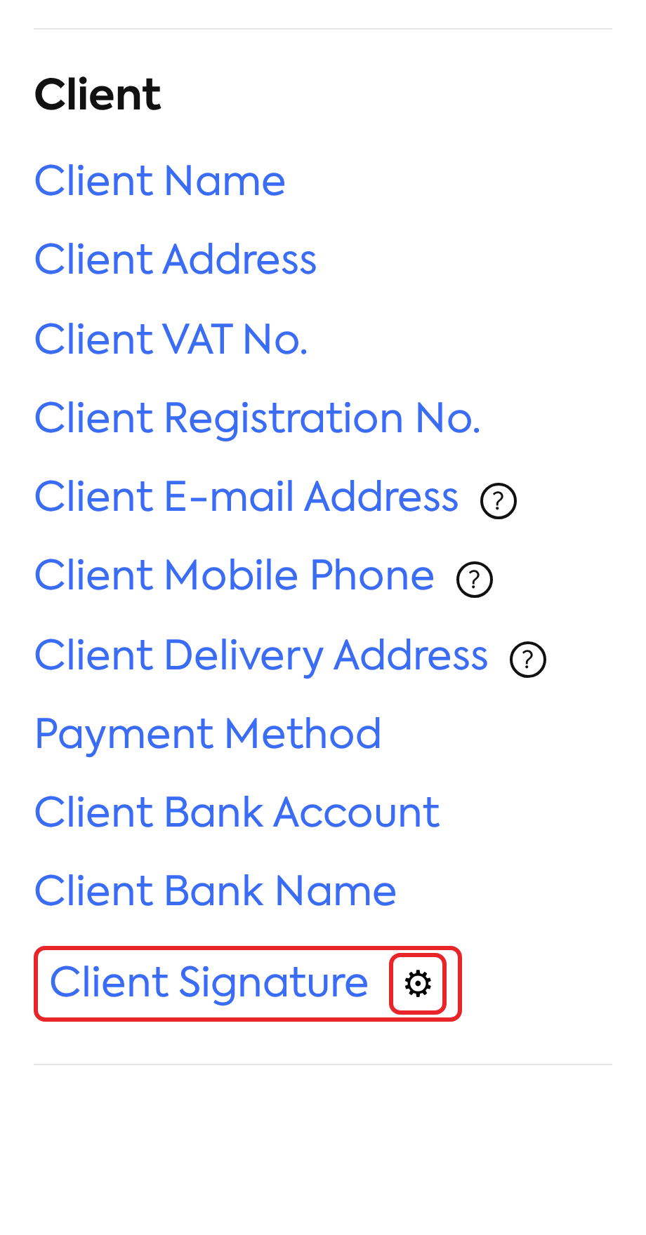 The Client Signature variable with the Signature Settings icon