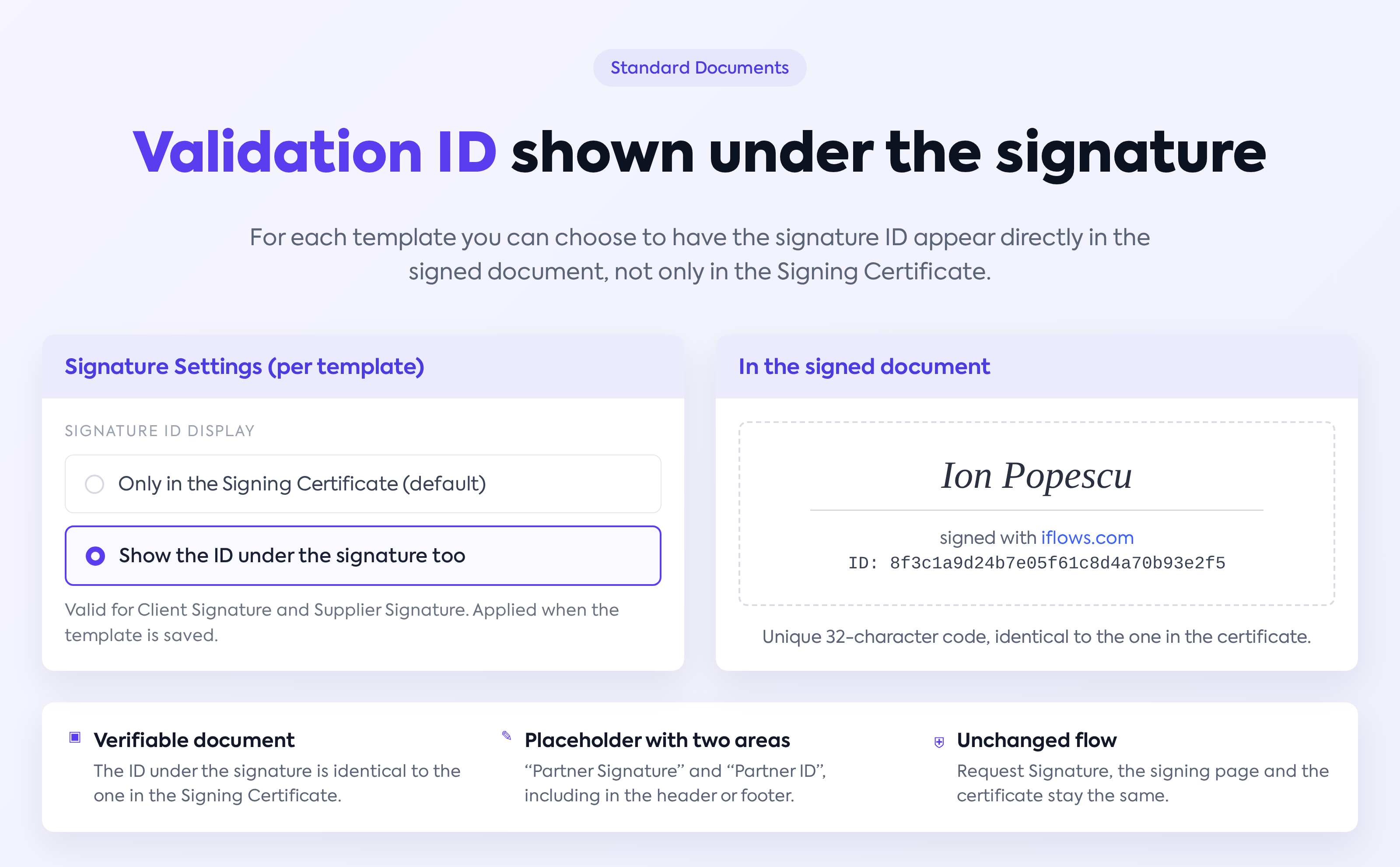Standard Documents — validation ID under the signature: validation variable placed automatically under the signature of every document
