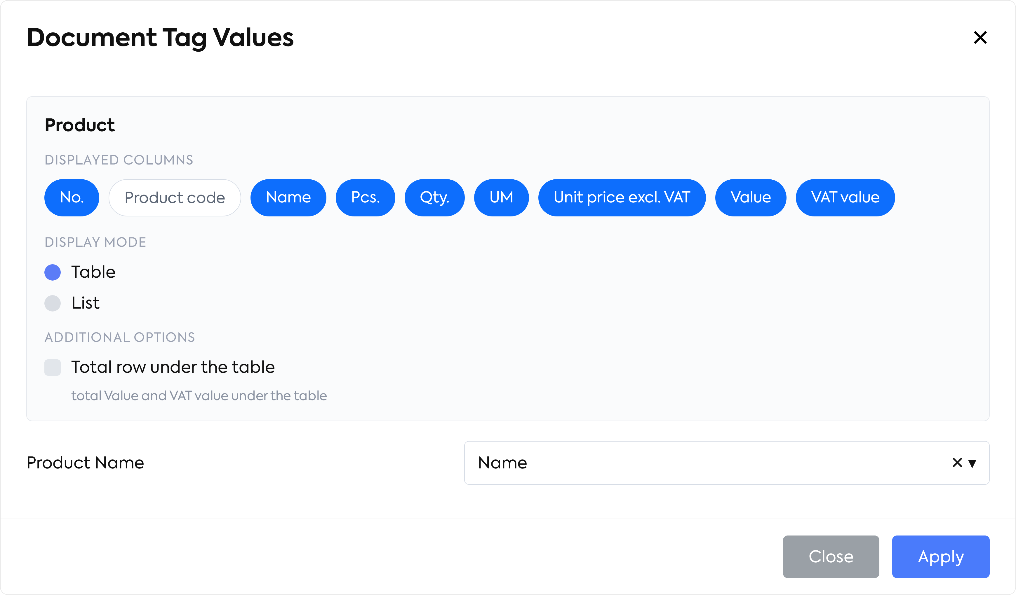 The Document Tag Values window with the Product block