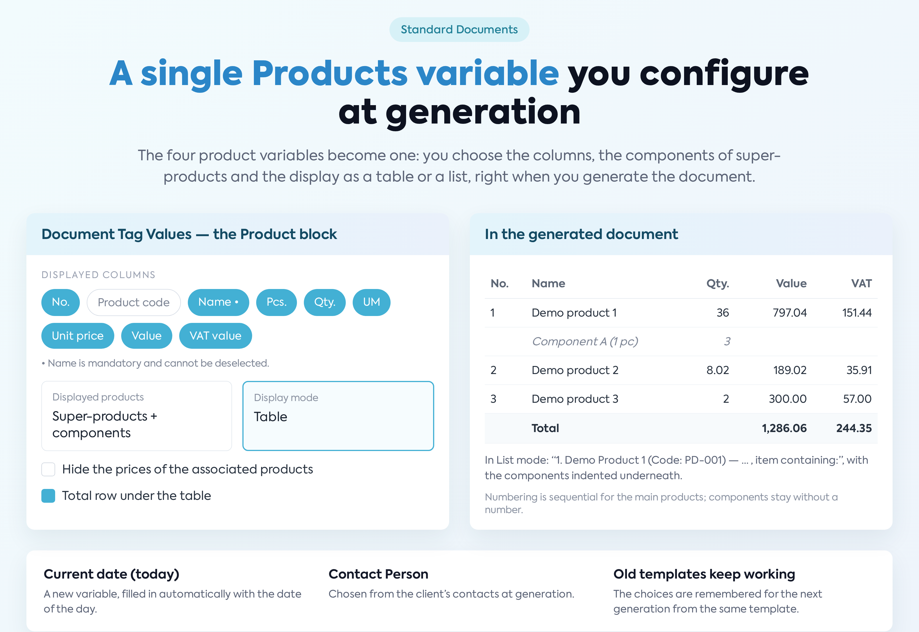 A single Products variable you configure at generation