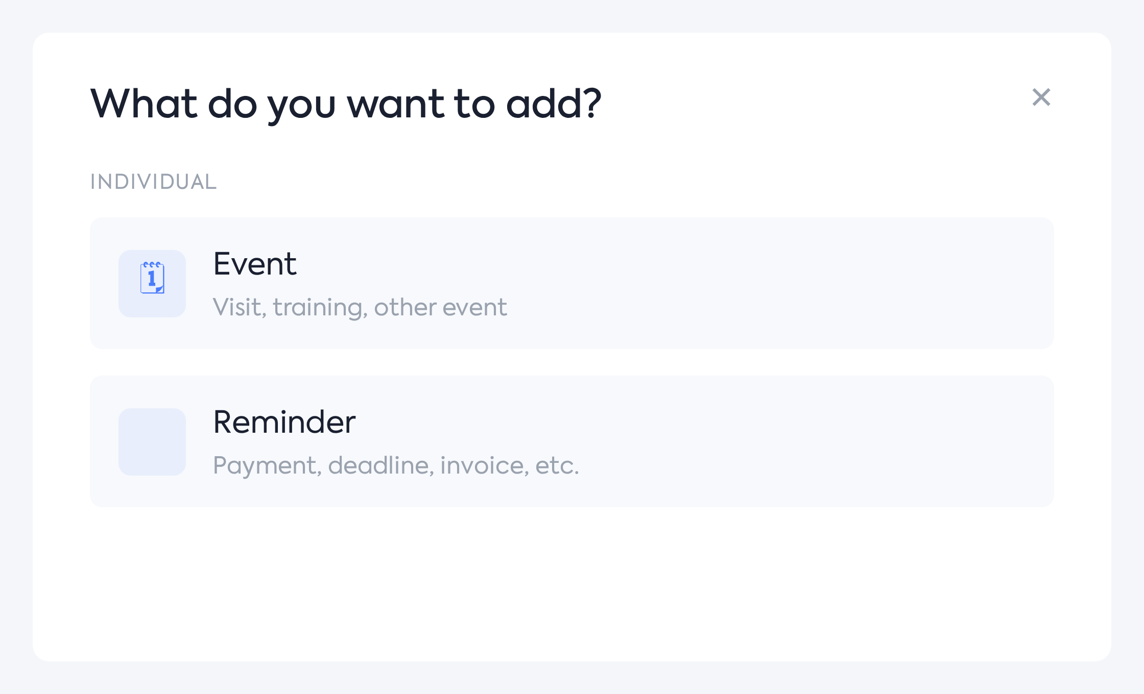 The window for choosing the type: Event or Reminder