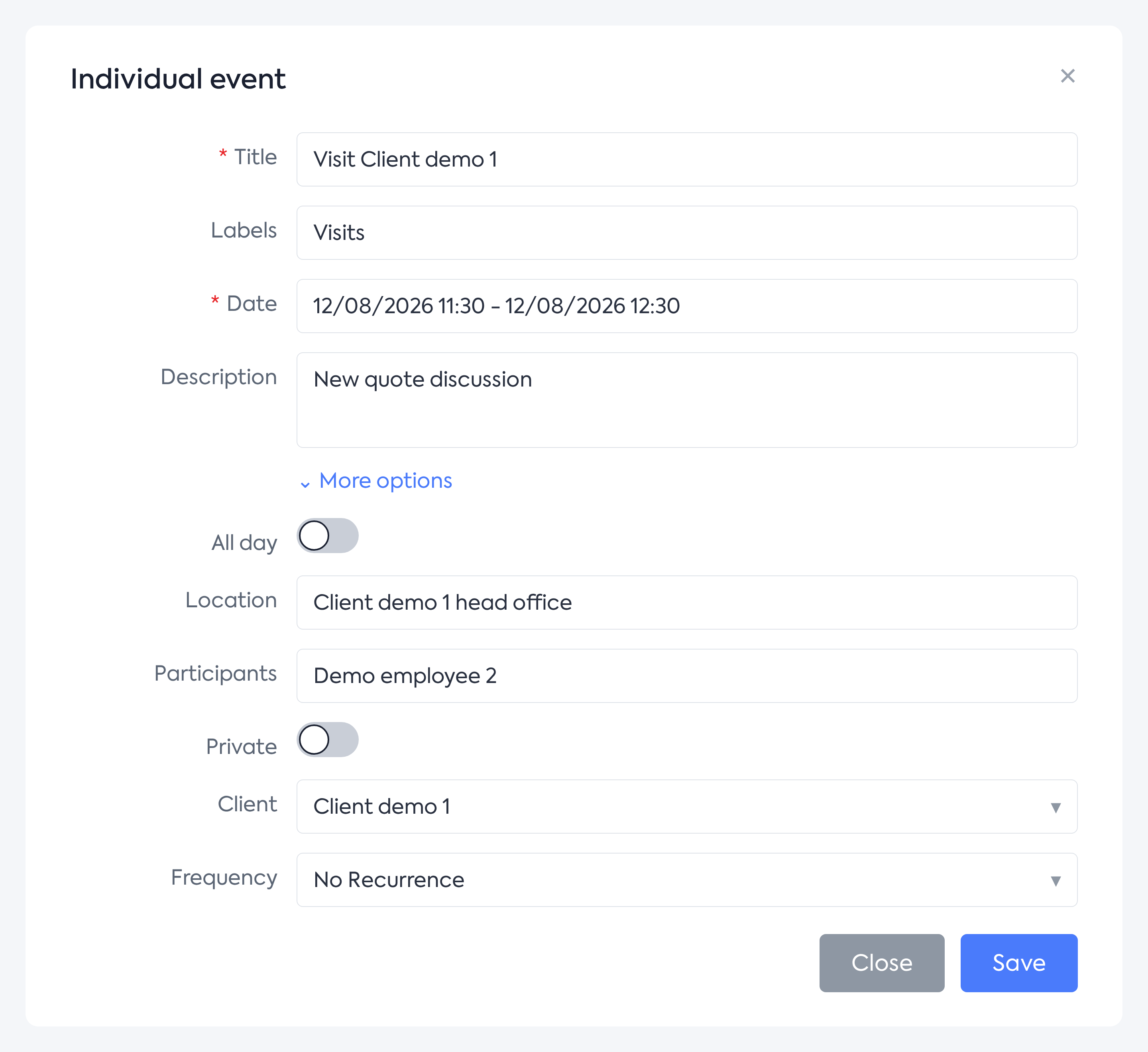 The individual event form, with the additional options shown