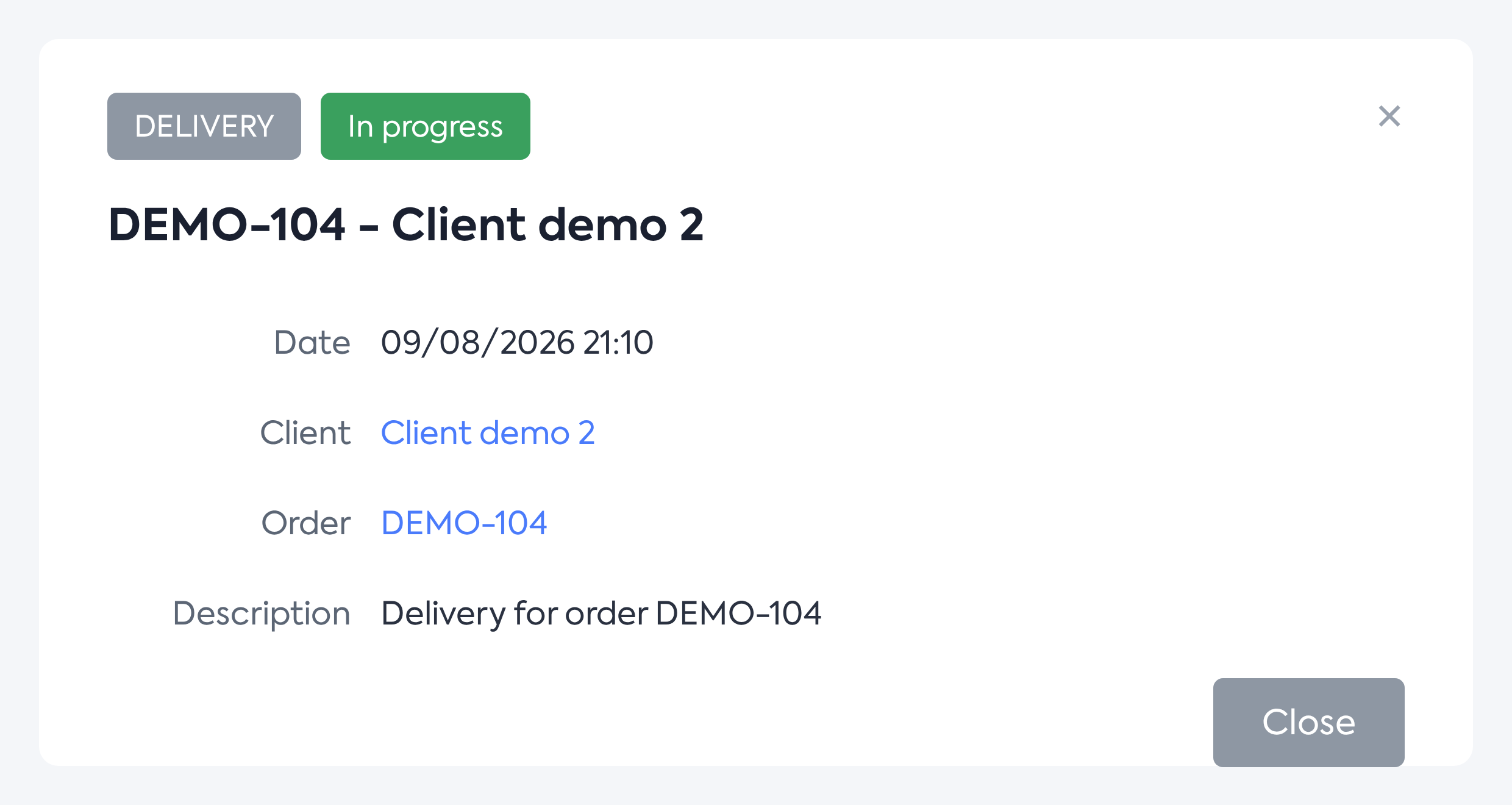 The details window of a delivery, with links to the order and the client