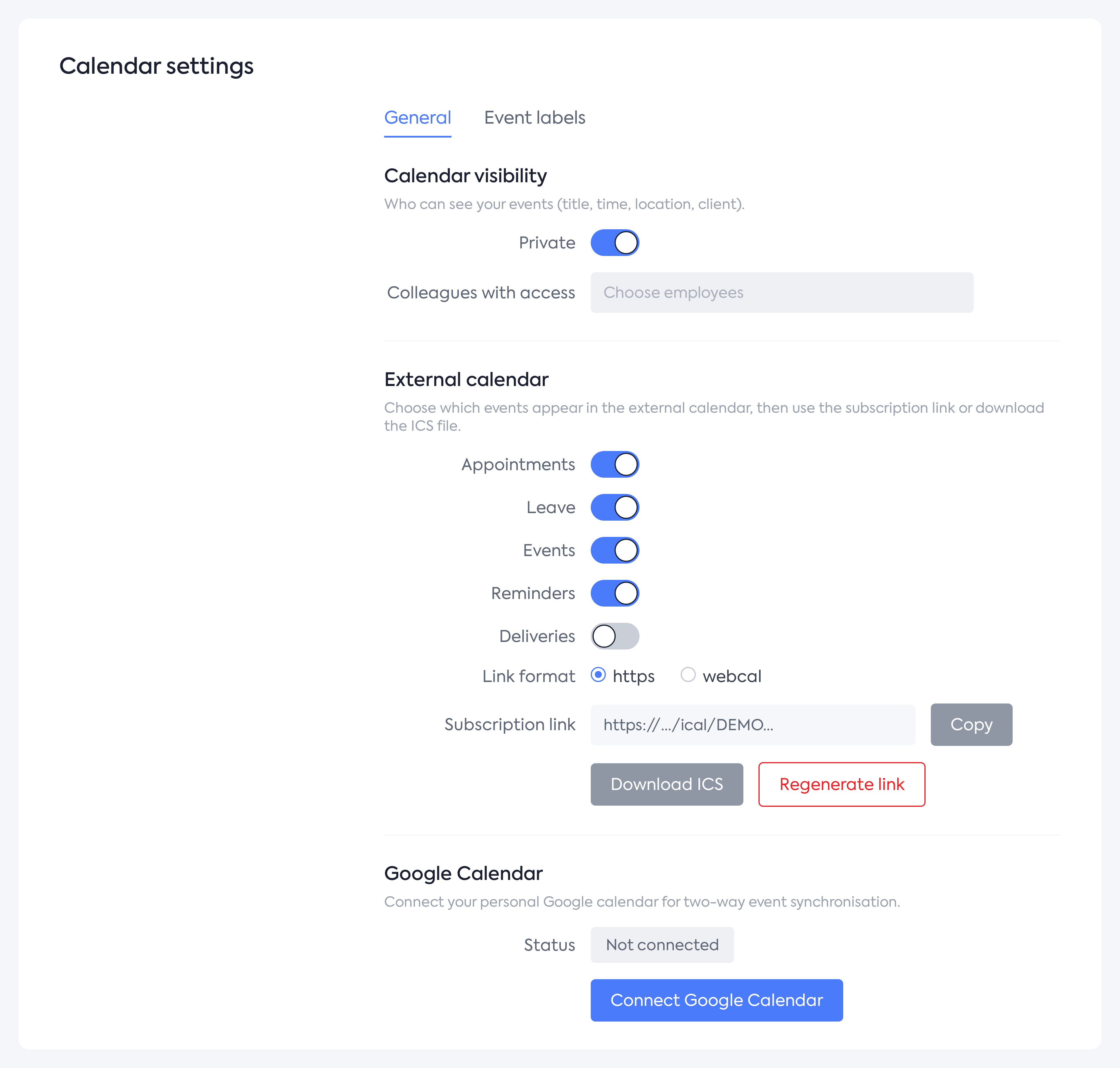 Calendar settings, the General tab