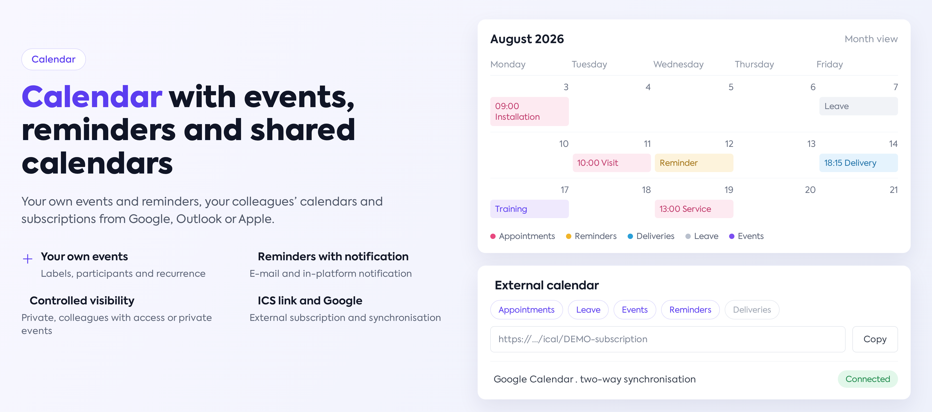 Calendar with events, reminders and shared calendars
