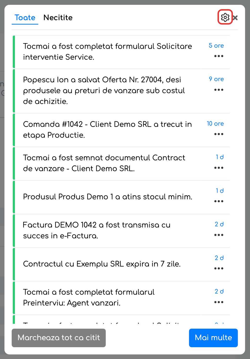Panoul de notificări din clopoțel, cu butonul Setări