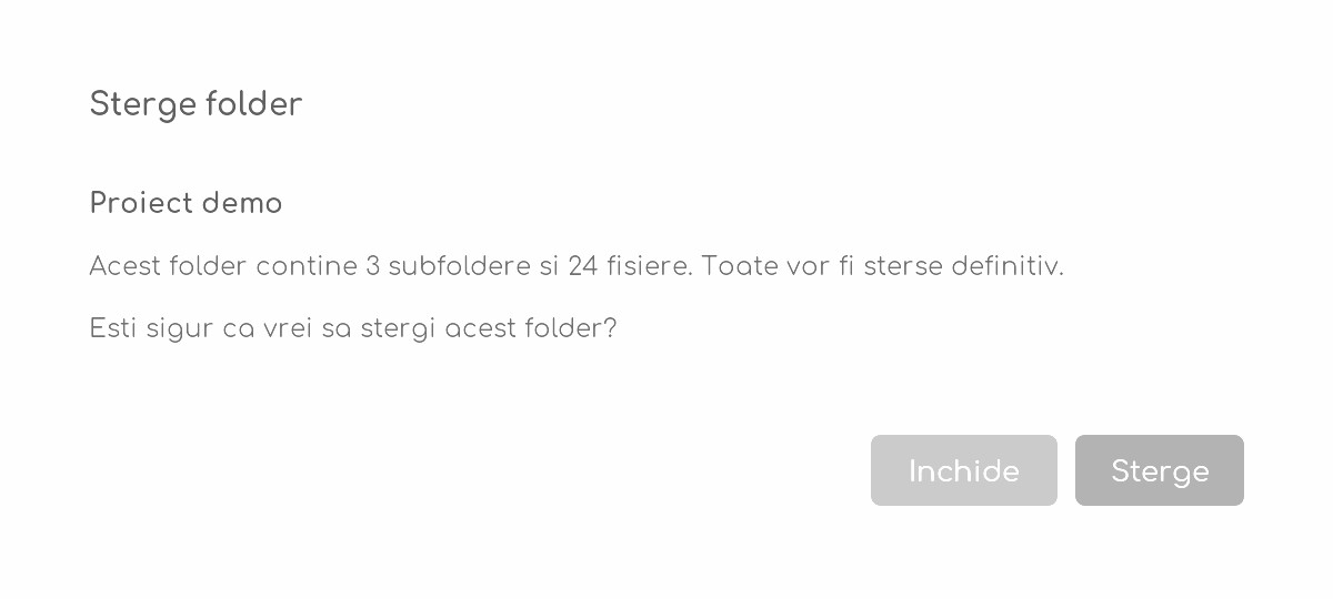 Dialogul Șterge folder, cu avertismentul privind subfolderele și fișierele