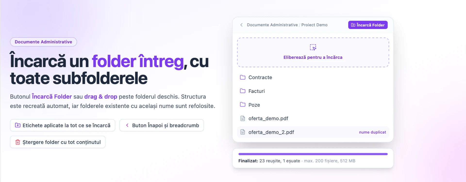 Încărcarea unui folder întreg în Documente Administrative: buton Încarcă Folder, drag & drop, structură recreată automat și ștergere recursivă