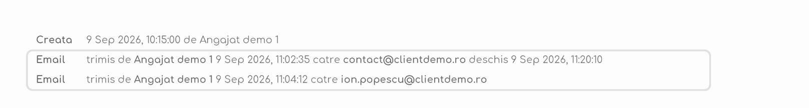 Istoricul oportunității cu două rânduri Email