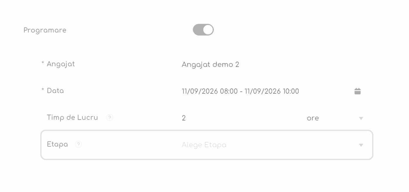 Pop-up-ul de acțiune al etapei cu componenta Programare și câmpul Etapa