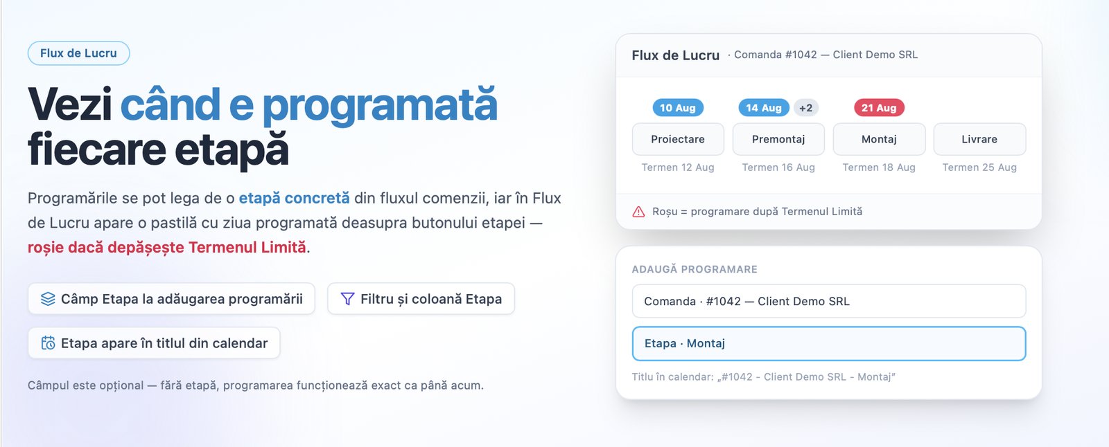 Programare asociată unei etape din flux: asociază programări la etape, reguli de vizibilitate și impact cross-modul