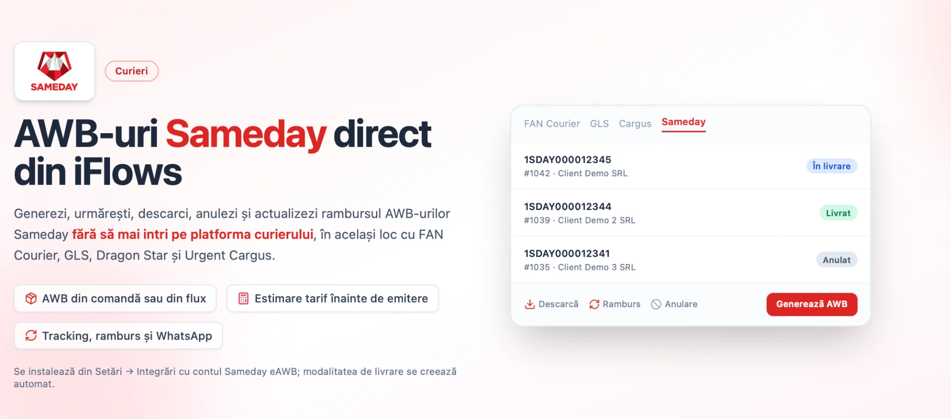 Integrarea cu curierul Sameday: generare AWB, etichete, urmărire colete și sincronizare status direct din iFlows