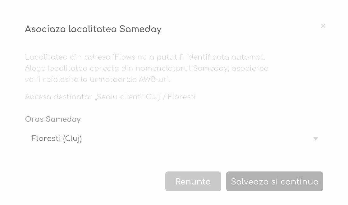 Fereastra Asociază localitatea Sameday