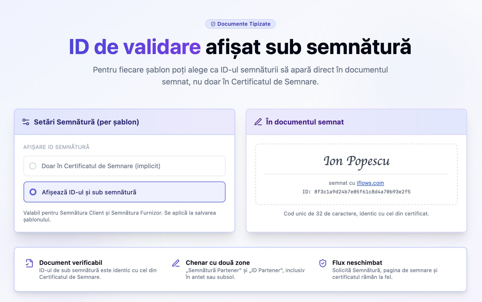 Documente Tipizate — ID de validare sub semnătură: variabilă de validare plasată automat sub semnătura fiecărui document